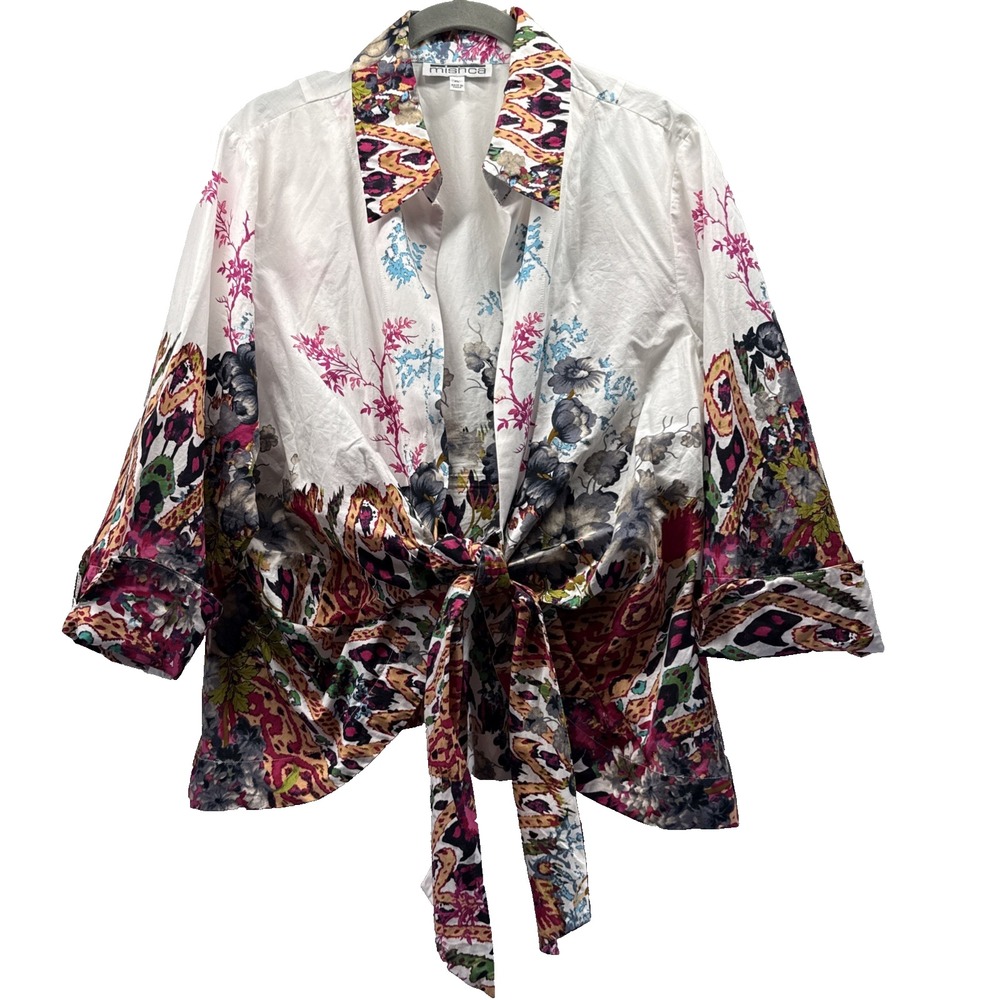 Mishca Women's Top Size XL Black White Pink Floral 3/4 Sleeves Tie Front Open